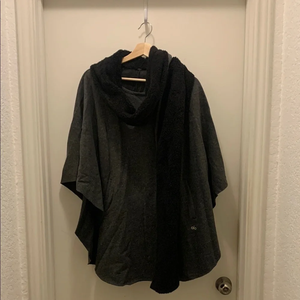 Alo Black and Gray Poncho with Scarf